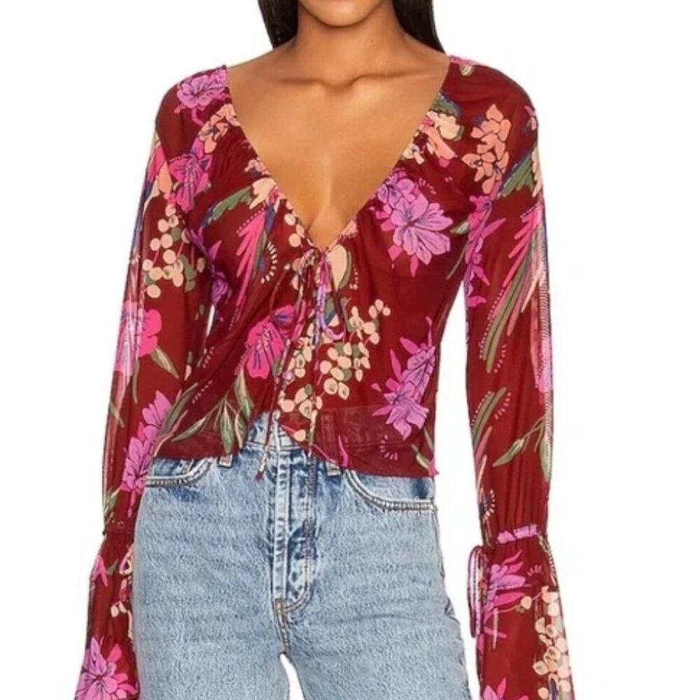 Free People Top Womens Sz XS Red Piece Of Paradise Floral Mesh Cropped Blouse‎
